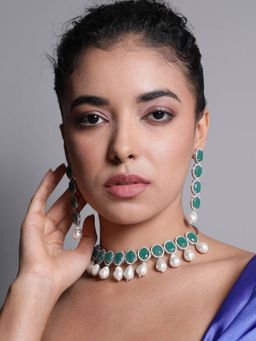 XAGO - Le Sedna Rhodium-Plated and Green Beaded Ad Studded Handcrafted Jewellery Set