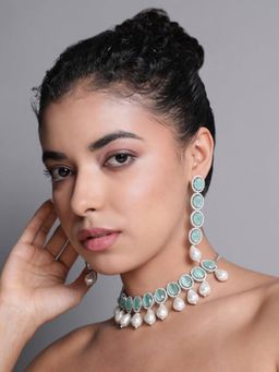XAGO - Le Aelin Rhodium-Plated and Mint Green Beaded Ad Studded Handcrafted Jewellery Set