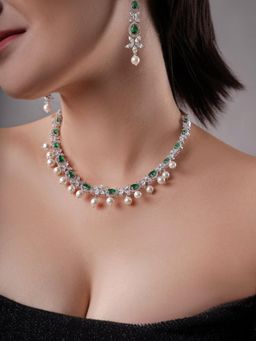 XAGO - Le Divit Green Rhodium-Plated Ad-Studded Necklace And Earrings