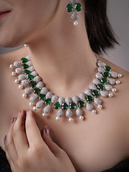 XAGO - Le Kaivalya Green Rhodium-Plated Ad-Studded Necklace And Earrings