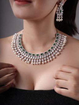 XAGO - Le Ruchir Green Rhodium-Plated Ad-Studded Necklace And Earrings