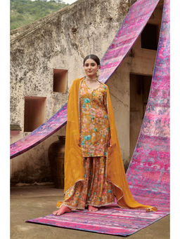 Karaj Jaipur - Floral Mustard Kurta with Sharara and Dupatta (Set of 3)