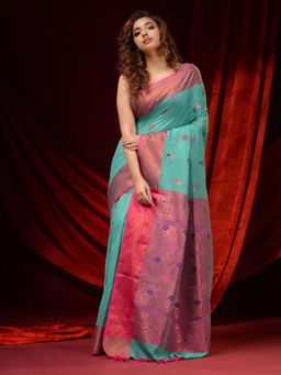 CHARUKRITI - Sky Blue Cotton Handspun Floral Motifs and Zari Designs Saree with Unstitched Blouse