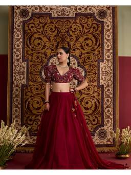 MEESA - Maroon Hand Embroidered Organza Lehenga with Blouse and Dupatta