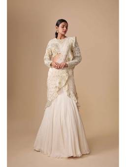 Asaga - Sunlace- Ivory Fish-Cut Drape Saree With Tassel Pallu And Stitched Blouse