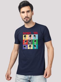 Greylongg - Navy Blue Men Round Neck Printed T-Shirt
