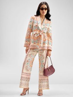 TOKYO TALKIES - Beige Shawl Lapel Printed Belted Co-Ord Set