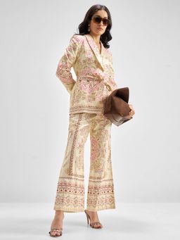 TOKYO TALKIES - Off White Shawl Lapel Printed Belted Co-Ord Set