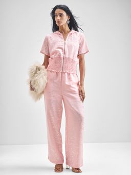 TOKYO TALKIES - Pink Printed Embellished Smocked Hooded Co-Ord Set