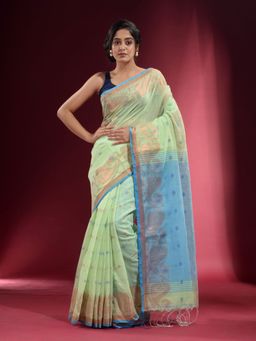 CHARUKRITI - Tea Green with Zari Paisley and Floral Design Saree with Unstitched Blouse