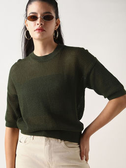 Bewakoof - Women's Olive Green Textured Slim Fit Short Top