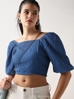 Bewakoof - Women's Blue Textured Short Top
