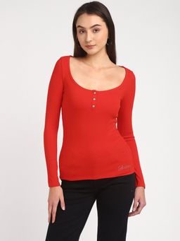 Guess - Women Red Ribbed Scoop Neck Full Sleeves Top