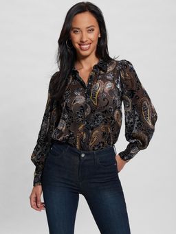 Guess - Women Black Printed Spread Collar Full Sleeves Paisley Velvet Shirt