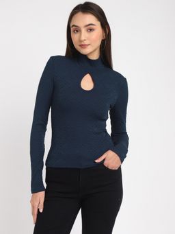 Guess - Women Navy Blue Self Design Keyhole Neck Full Sleeves Top