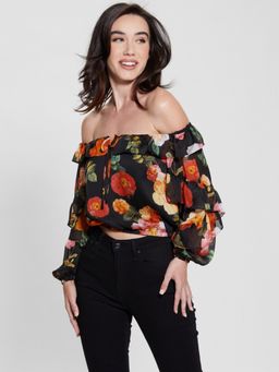 Guess - Women Black Printed Off Shoulder Full Sleeves Blouse Top