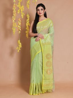 CHARUKRITI - Mint Green Cotton Handspun Zari Woven Designs & Motifs Saree with Unstitched Blouse