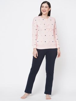 Sweet Dreams - Women Printed Long Sleeves Round Neck Pink Fleece Winter Tracksuit