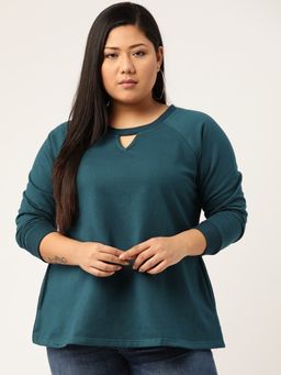 theRebelinme - Plus Size Womens Teal Solid Color Knitted Sweatshirt