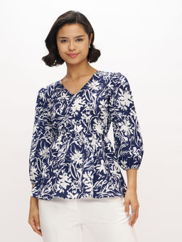 Aask - Womens Polyester Printed Navy Blue Color Regular Top