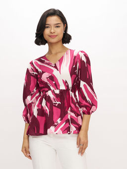 Aask - Womens Polyester Printed Wine Color Regular Top