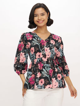 Aask - Womens Polyester Floral Black Color Regular Top
