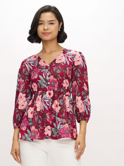 Aask - Womens Polyester Floral Wine Color Regular Top