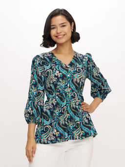 Aask - Womens Polyester Printed Navy Blue Color Regular Top