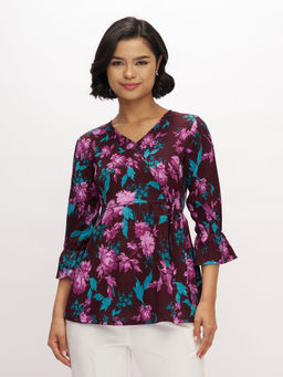 Aask - Womens Polyester Printed Wine Color Regular Top