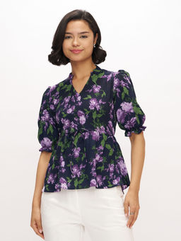 Aask - Womens Polyester Floral Navy Blue Color Regular Top