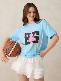 Outzidr - Blue Cotton Graphic Oversized Street Wear T-Shirt