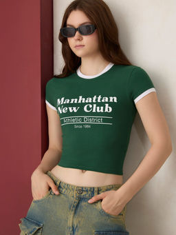 Outzidr - Green Cotton Graphic Cropped Casual Wear T-Shirt