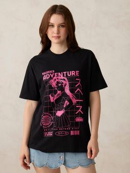 Outzidr - Black Cotton Graphic Oversized Casual Wear T-Shirt