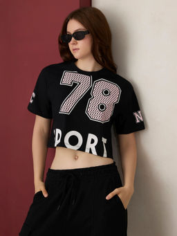 Outzidr - Black Cotton Graphic Cropped Boxy Casual Wear T-Shirt