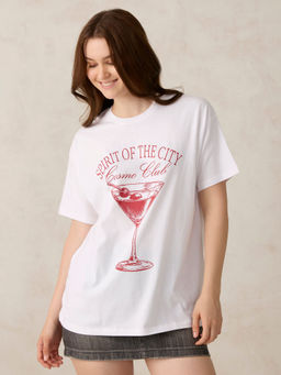 Outzidr - White Cotton Oversized Street Wear T-Shirt with Graphic Print