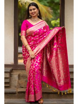 I LOVE SAREES - Barbie Pink Golden Zari Work Saree with Unstitched Blouse