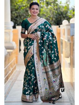SGF11 - Dark Green Kanjeevaram Pure Soft Silk Saree with Unstitched Blouse