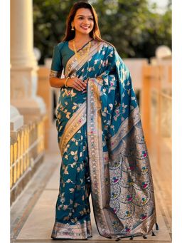SGF11 - Rama Blue Kanjeevaram Pure Soft Silk Saree with Unstitched Blouse