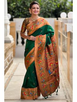 SGF11 - Dark Green Kanjeevaram Paithani Pure Soft Silk Saree with Unstitched Blouse