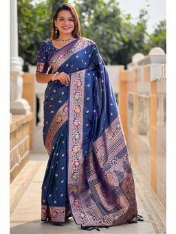 SGF11 - Rama Blue Kanjeevaram Pure Soft Silk Saree with Unstitched Blouse