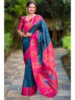 SGF11 - Rama Blue Kanjeevaram Paithani Pure Soft Silk Saree with Unstitched Blouse