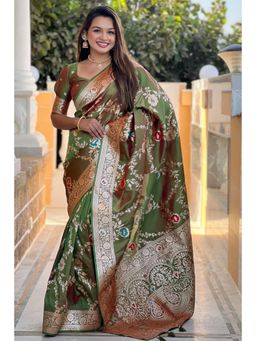 SGF11 - Mahendi Green Kanjeevaram Pure Soft Silk Saree with Unstitched Blouse