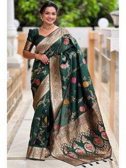 SGF11 - Dark Green Kanjeevaram Pure Soft Silk Saree with Unstitched Blouse