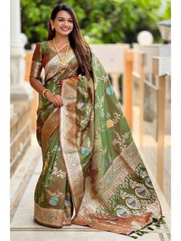 SGF11 - Mahendi Green Kanjeevaram Pure Soft Silk Saree with Unstitched Blouse