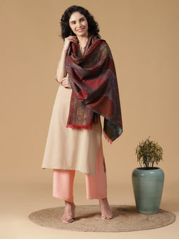 Shingora - The Jacquard Maroon Pure Wool Paisley Fringed Stole