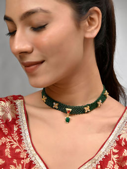Silvermerc Designs - Handcrafted Green Beaded Choker With Gold Floral