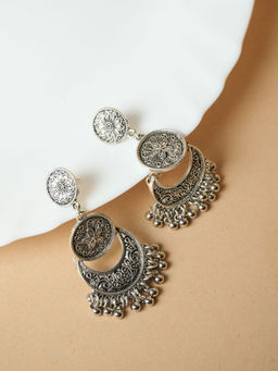 VIRAASI - Silver Oxidised Chandbali Earrings