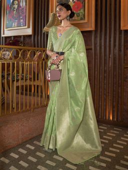 Akhilam - Womens Silk Blend Light Green Woven Designer Saree with Unstitched Blouse
