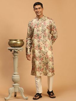Vastramay - Men Cream And Brown Silk Blend Kurta Pyjama (Set of 2)