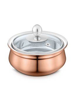 FNS - Relish Stainless Steel Copper Finish Double wall Handi with Glass Lid - 300ml (Small)